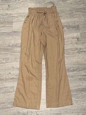 One5One Tan Smocked High Waist Wide Leg Linen Blend Pants